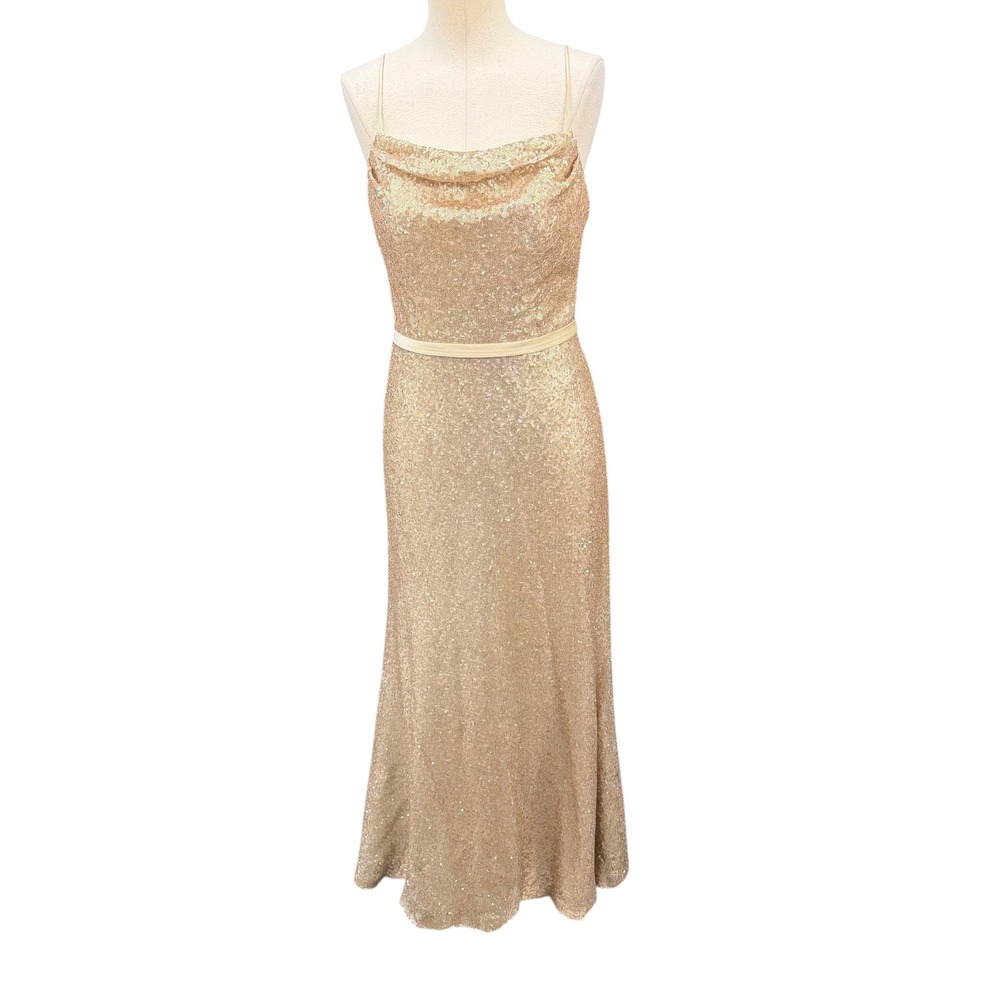 CHRISTINA WU Celebration Gown Women 6 22706 Gold Matte Latte Sequin Cowl Neck